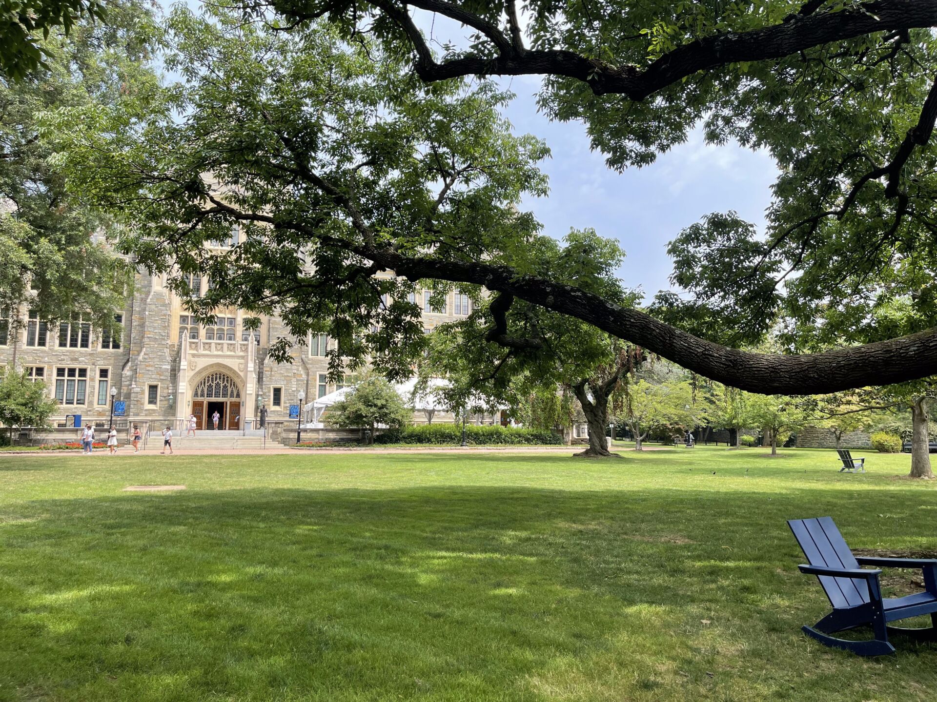 Students and visitors enjoy a shaded green space on Georgetown University’s campus, reflecting the university’s role as a vibrant community gathering place.